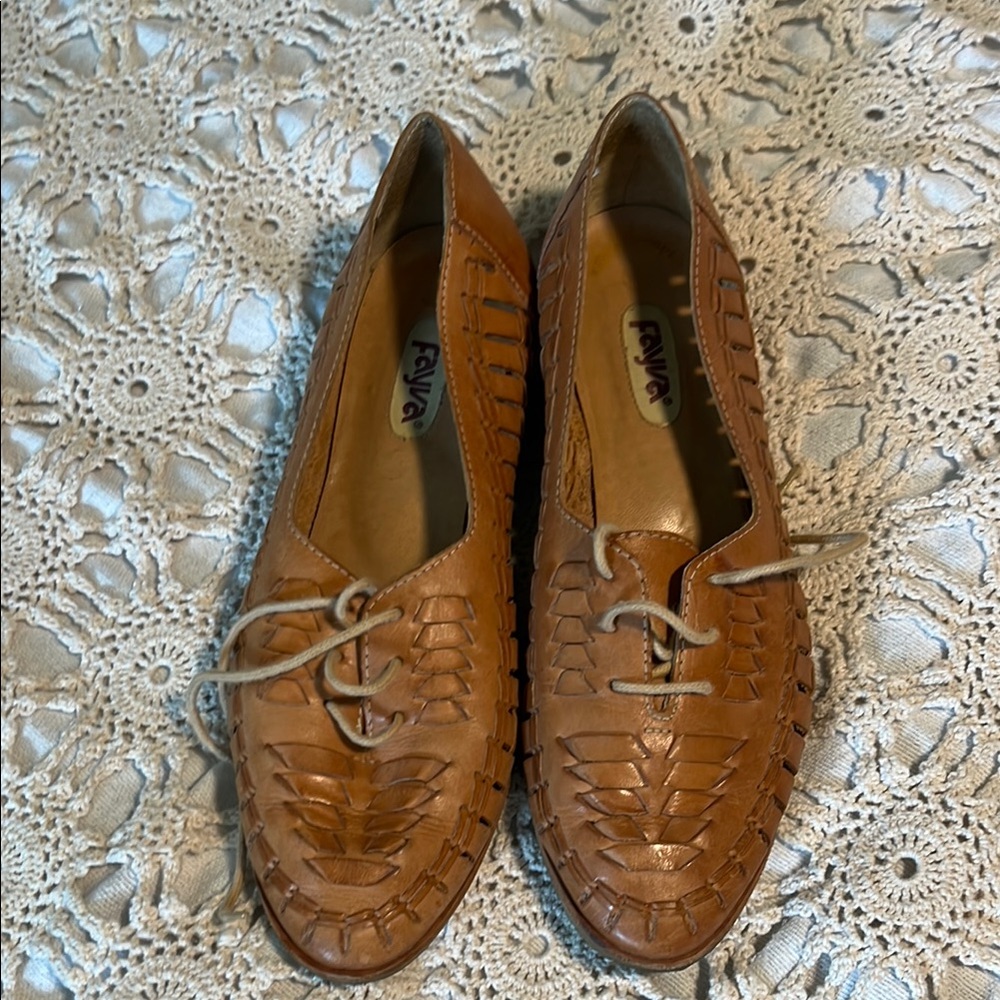 Fayva Tan Leather Flats with Woven Detail